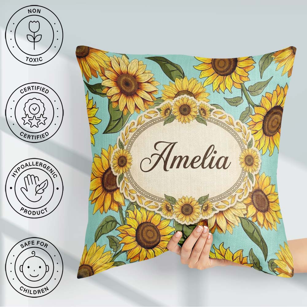 Custom Name Bright Yellow Sunflower Floral Seamless Pattern Teal Square Filled Cushion Throw Pillow Sofa Bed Home Decor Zip Washable UK Made