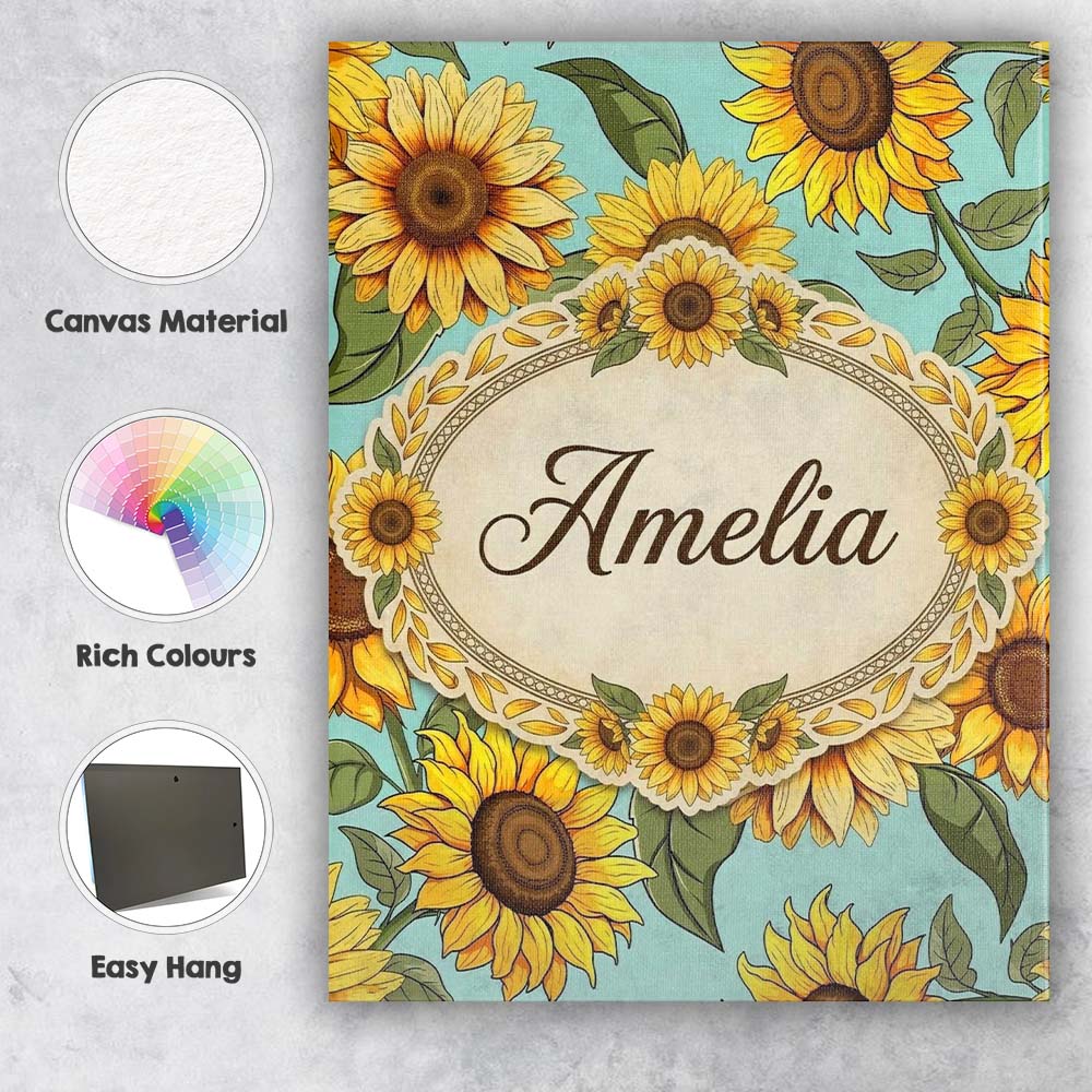 Personalised Name Bright Yellow Sunflower Custom  Unique Gift Idea Elegant Feature Canvas Wall Art Print Decor Picture Ready to Hang
