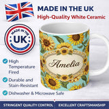Personalized Custom Name Bright Yellow Sunflower Floral Seamless Pattern Teal Blue 11oz Ceramic Coffee Tea Mug White Large Handle