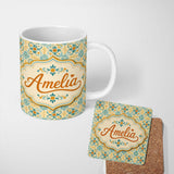 Personalized Custom Name Vintage Ornamental Tile in Teal and Mustard on Distressed Beige 11oz Ceramic Coffee Tea Mug White Large Handle