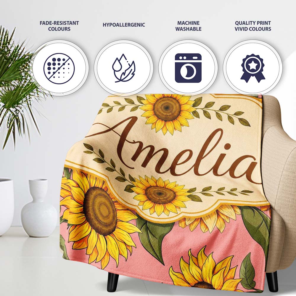 Bright Yellow Sunflower Floral Seamless Pattern Warm Coral  Personalised Custom Name Super Soft Fleece Blanket Bed Sofa Throw