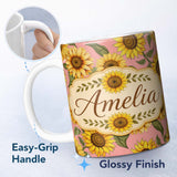 Personalized Custom Name Bright Yellow Sunflower Floral Seamless Pattern Warm Coral 11oz Ceramic Coffee Tea Mug White Large Handle