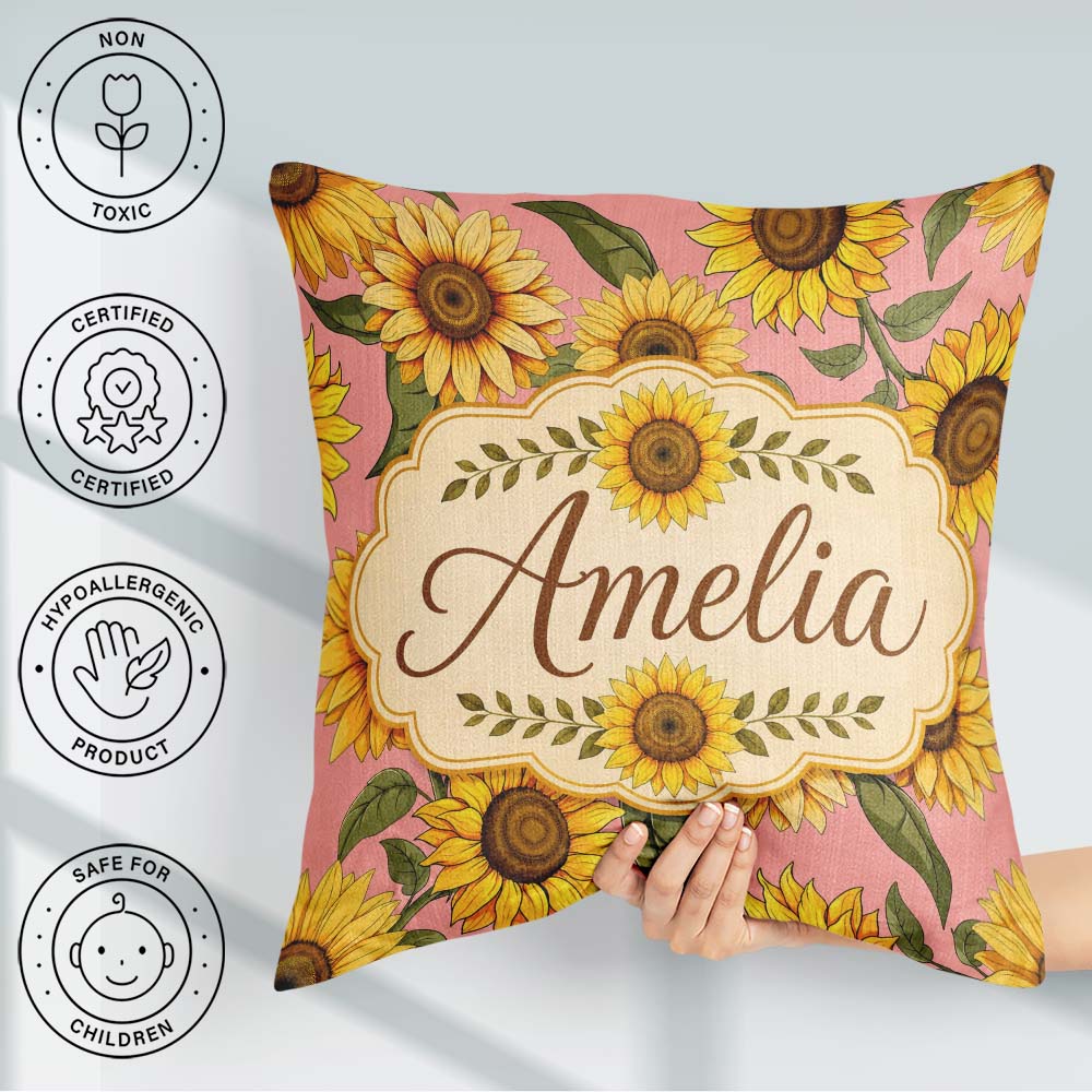 Custom Name Bright Yellow Sunflower Floral Seamless Pattern Warm Square Filled Cushion Throw Pillow Sofa Bed Home Decor Zip Washable UK Made