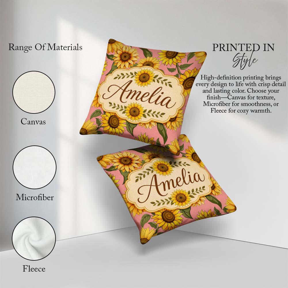 Custom Name Bright Yellow Sunflower Floral Seamless Pattern Warm Square Filled Cushion Throw Pillow Sofa Bed Home Decor Zip Washable UK Made