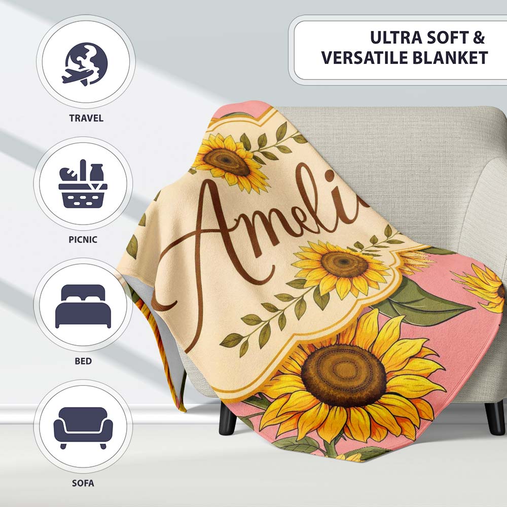 Bright Yellow Sunflower Floral Seamless Pattern Warm Coral  Personalised Custom Name Super Soft Fleece Blanket Bed Sofa Throw