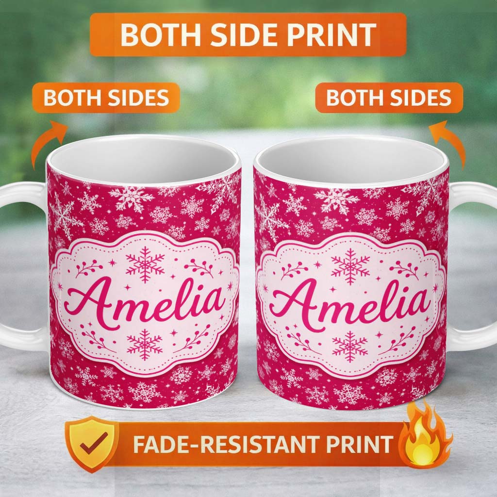 Personalized Custom Name Elegant White Snowflake Red Background Winter Seamless Pattern 11oz Ceramic Coffee Tea Mug White Large Handle