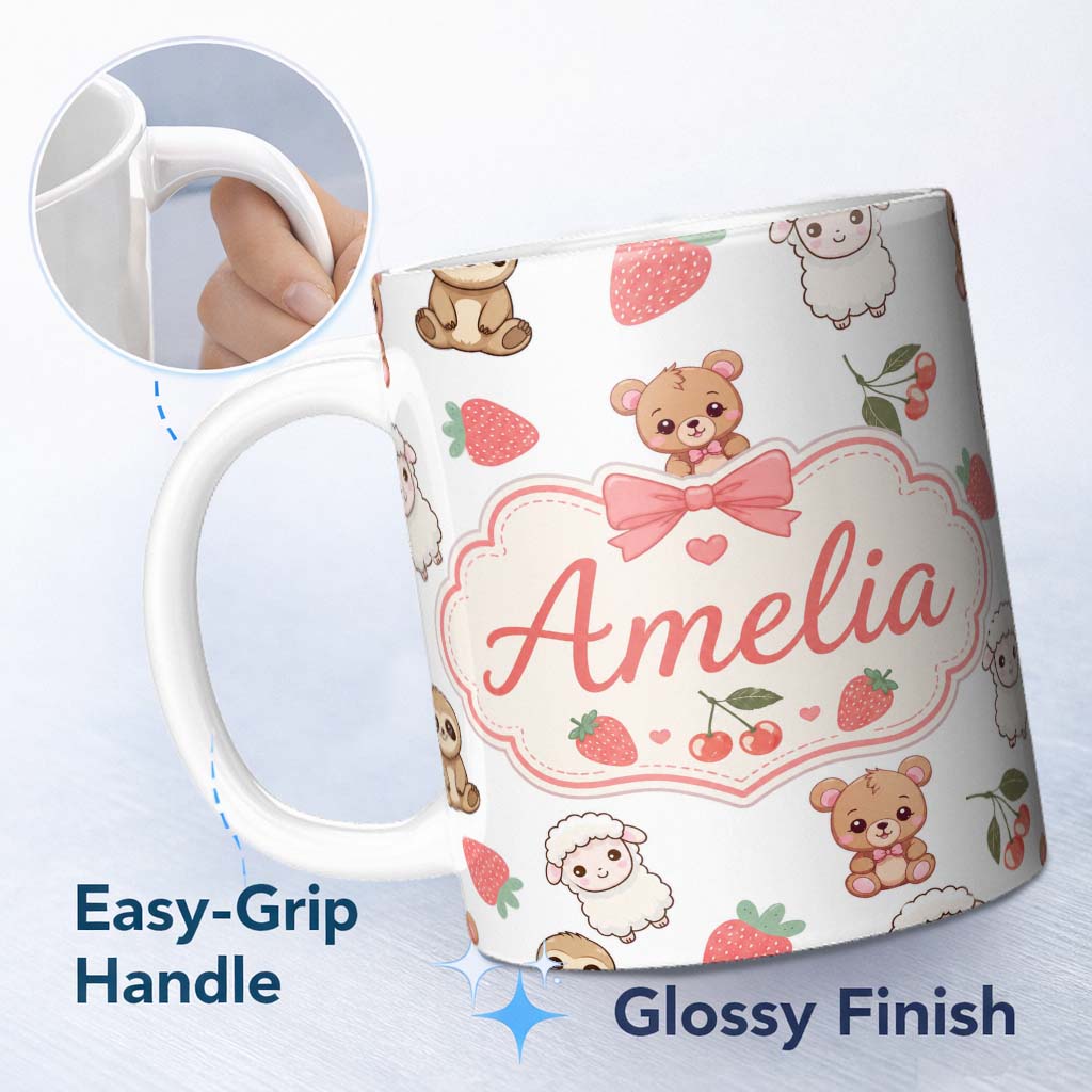 Personalized Custom Name Cute Cute Animals Bear Sloth Sheep Strawberry Pattern Soft Grey 11oz Ceramic Coffee Tea Mug White Large Handle