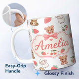 Personalized Custom Name Cute Cute Animals Bear Sloth Sheep Strawberry Pattern Soft Grey 11oz Ceramic Coffee Tea Mug White Large Handle