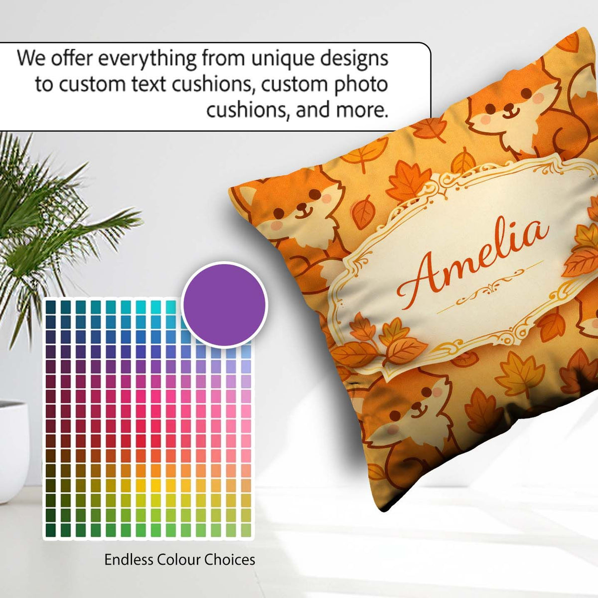 Custom Name Cute Autumn Fox Cartoon Animal Pattern Everyday Square Filled Cushion Throw Pillow Sofa Bed Home Decor Zip Washable UK Made