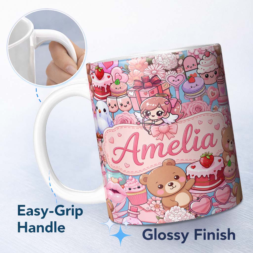 Personalized Custom Name Cute Teddy Bear Cupcake Candy Hearts Romantic Collage Seamless 11oz Ceramic Coffee Tea Mug White Large Handle