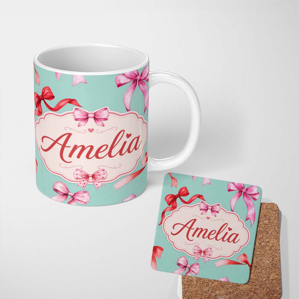 Personalized Custom Name Watercolor Red Pink Ribbon Bows Mint Green Background Cute Girly 11oz Ceramic Coffee Tea Mug White Large Handle