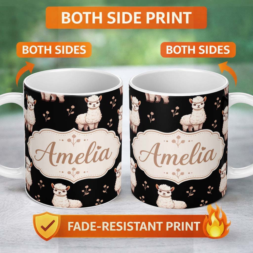 Personalized Custom Name Cute Alpaca Llama Pattern with Floral Sprigs on Black Background 11oz Ceramic Coffee Tea Mug White Large Handle
