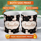 Personalized Custom Name Cute Alpaca Llama Pattern with Floral Sprigs on Black Background 11oz Ceramic Coffee Tea Mug White Large Handle
