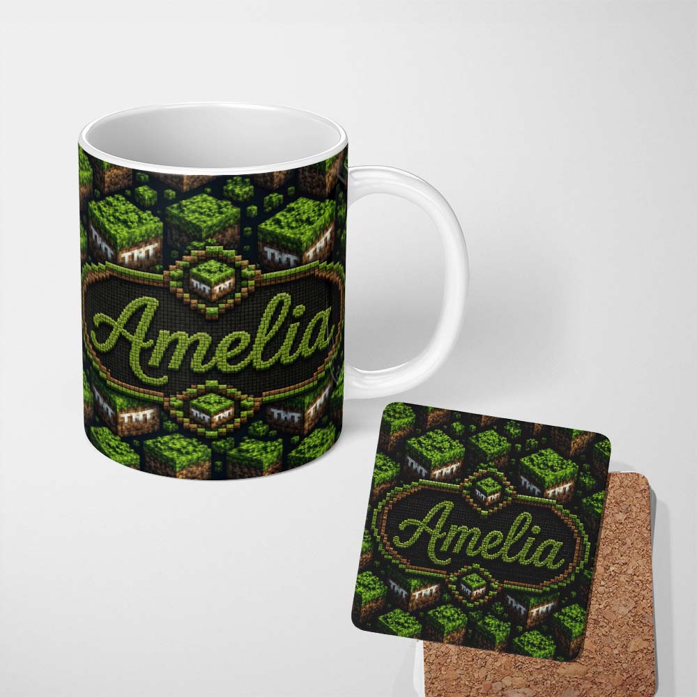 Personalized Custom Name Floating Grass Block Night Landscape Seamless Pattern Lovely 11oz Ceramic Coffee Tea Mug White Large Handle