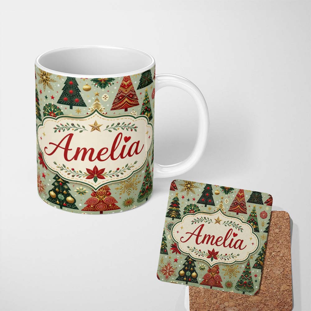 Personalized Custom Name Luxury Christmas Trees Gold Red Snowflakes Festive Seamless Pattern 11oz Ceramic Coffee Tea Mug White Large Handle
