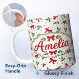 Personalized Custom Name Festive Holly Leaves Red Bows Polka Dot Christmas Seamless Pattern 11oz Ceramic Coffee Tea Mug White Large Handle