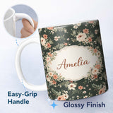 Personalized Custom Name Dark Green Floral Vintage Rose Pattern Elegant Seamless Design 11oz Ceramic Coffee Tea Mug White Large Handle