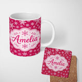 Personalized Custom Name Elegant White Snowflake Red Background Winter Seamless Pattern 11oz Ceramic Coffee Tea Mug White Large Handle