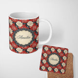 Personalized Custom Name Classic Red and Ivory Rose Dense Floral Seamless Pattern Lovely 11oz Ceramic Coffee Tea Mug White Large Handle