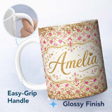 Personalized Custom Name Pink Gold Chevron Glitter Dot Seamless Pattern Design Chic Modern 11oz Ceramic Coffee Tea Mug White Large Handle