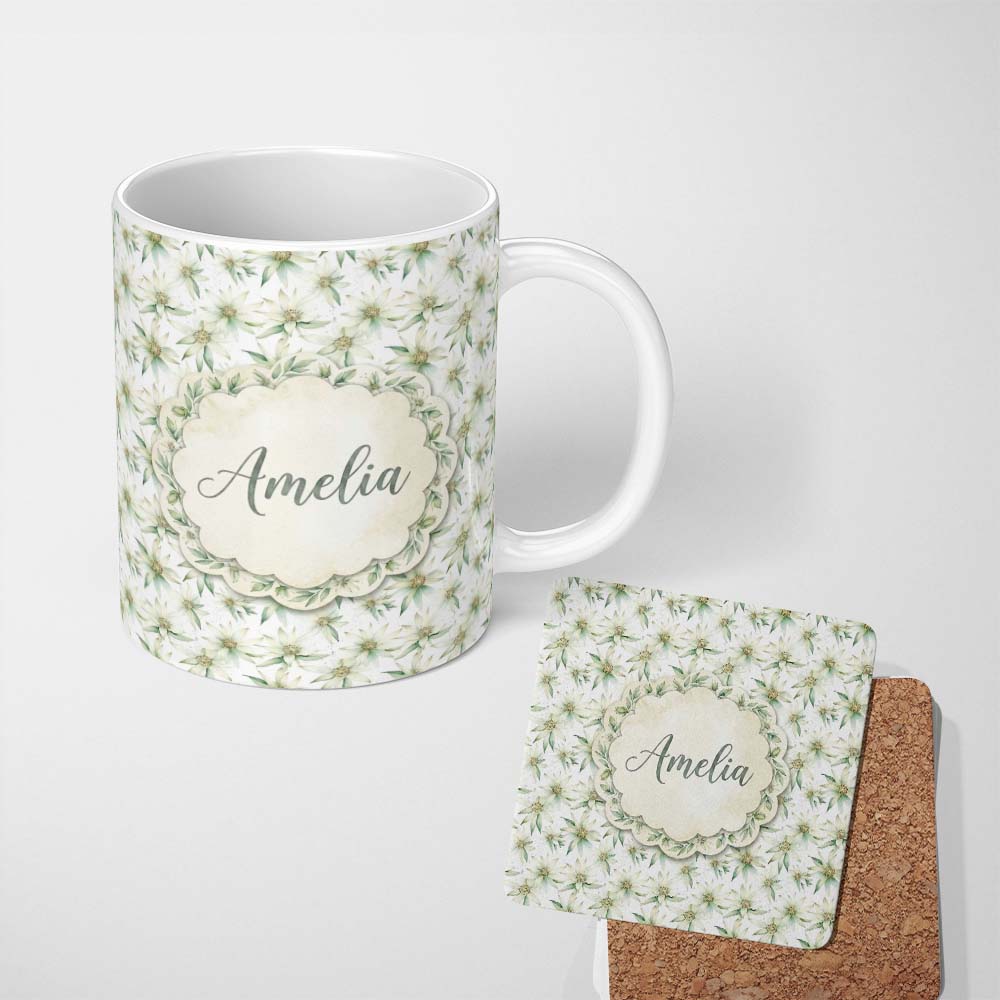 Personalized Custom Name Delicate White and Green Floral Watercolor Seamless Pattern Lovely 11oz Ceramic Coffee Tea Mug White Large Handle