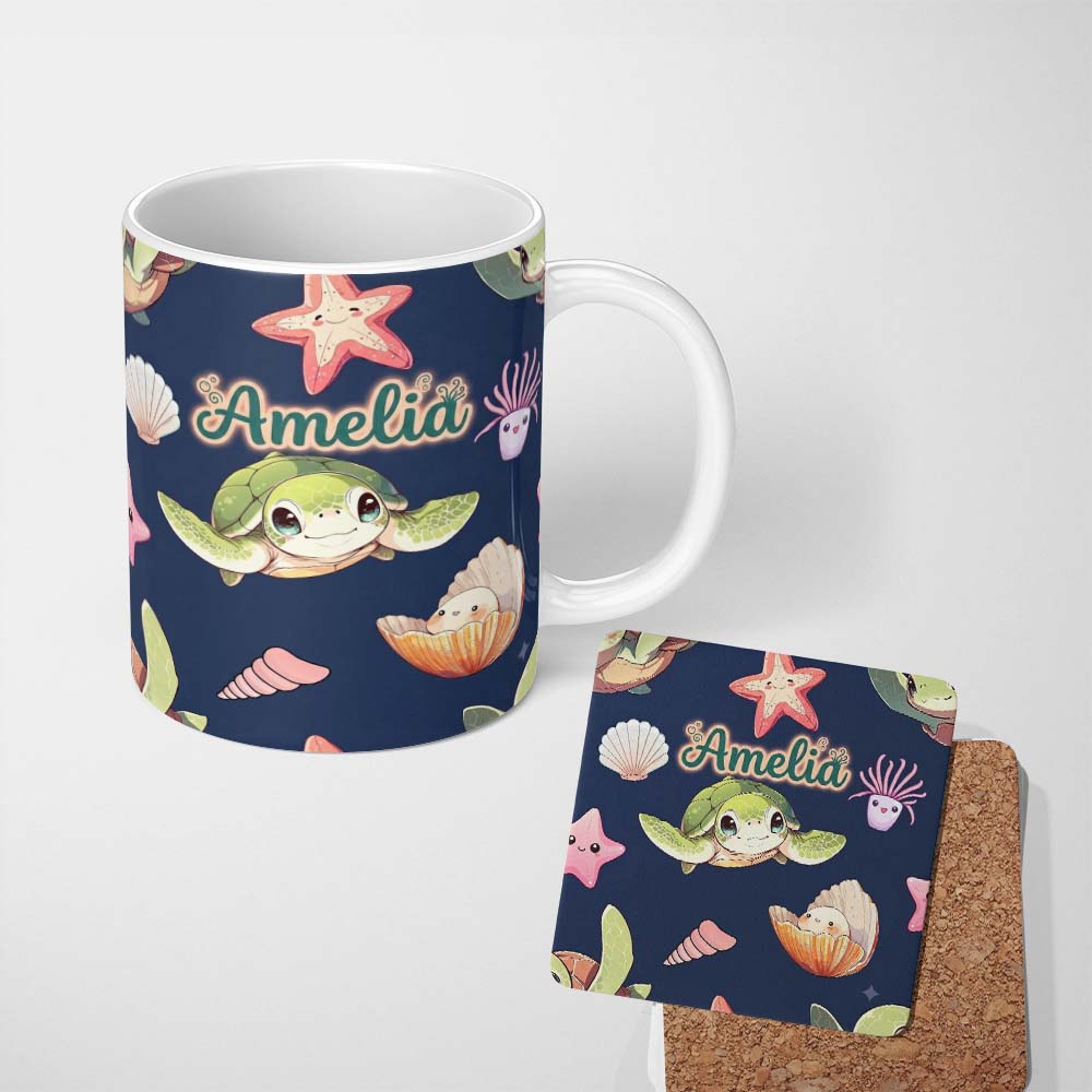 Personalized Custom Name Cute Kawaii Sea Turtle Starfish Shells Ocean Friends Navy Background 11oz Ceramic Coffee Tea Mug White Large Handle