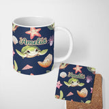 Personalized Custom Name Cute Kawaii Sea Turtle Starfish Shells Ocean Friends Navy Background 11oz Ceramic Coffee Tea Mug White Large Handle