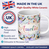 Personalized Custom Name Colorful Watercolor Butterflies on Sky Blue Background Seamless 11oz Ceramic Coffee Tea Mug White Large Handle