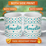 Personalized Custom Name Minimal Teal Black Diamond Geometric Seamless Pattern Lovely 11oz Ceramic Coffee Tea Mug White Large Handle