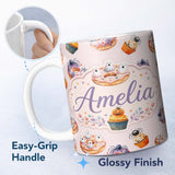 Personalized Custom Name Halloween Donuts Cupcakes and Spiders Seamless Pattern on Pink 11oz Ceramic Coffee Tea Mug White Large Handle