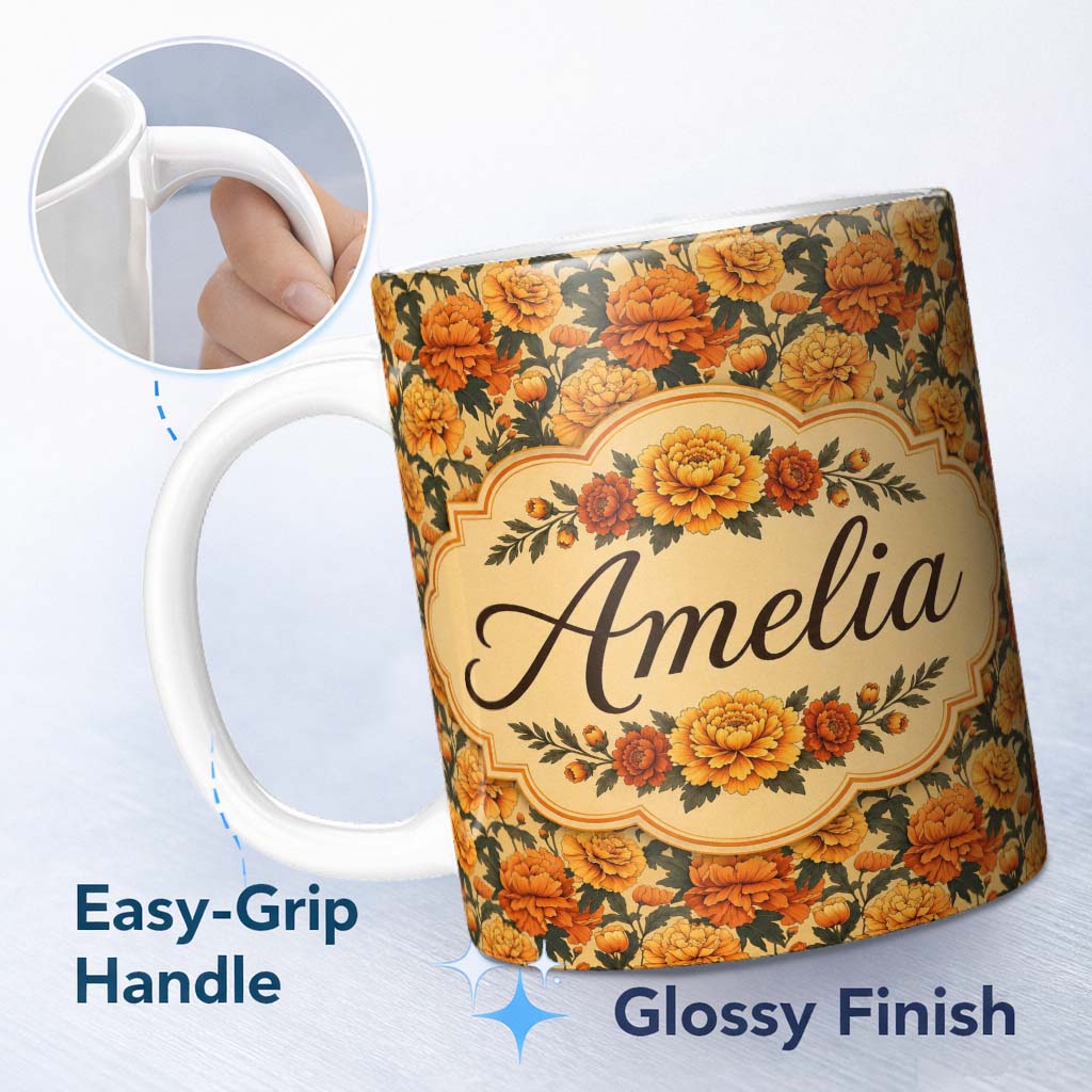Personalized Custom Name Vintage Orange Marigold Floral Seamless Pattern on Beige Background 11oz Ceramic Coffee Tea Mug White Large Handle