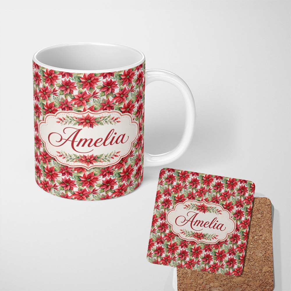 Personalized Custom Name Elegant Poinsettia and Foliage Christmas Seamless Pattern Lovely 11oz Ceramic Coffee Tea Mug White Large Handle