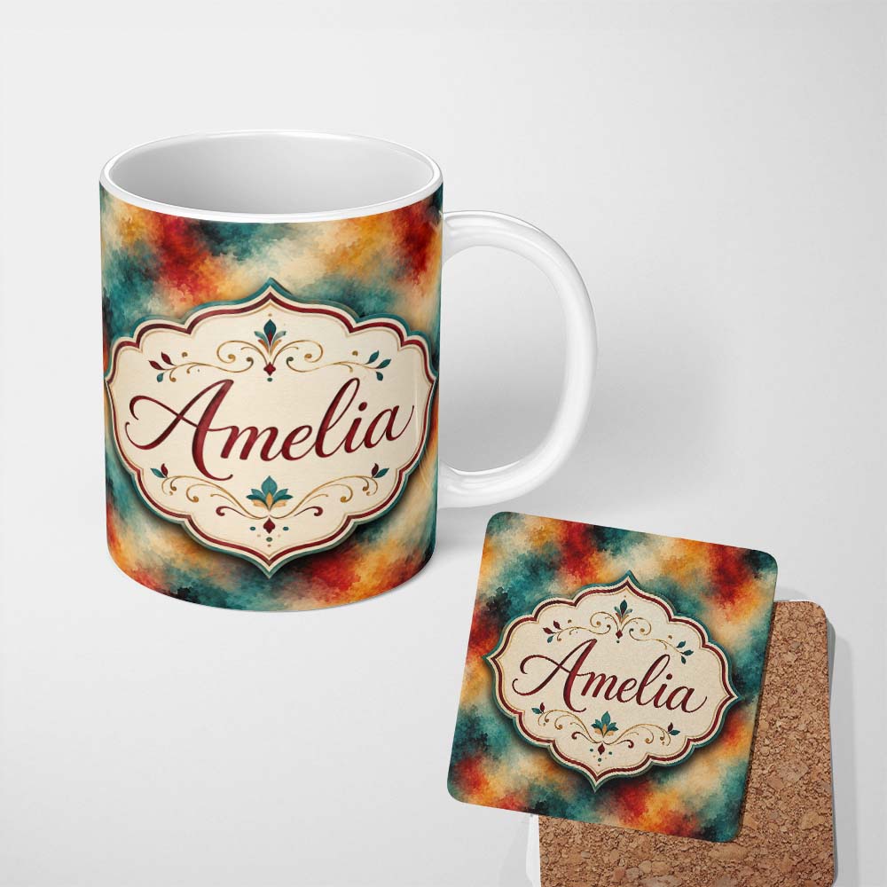 Personalized Custom Name Abstract Watercolour Burst in Teal Orange and Red Seamless Pattern 11oz Ceramic Coffee Tea Mug White Large Handle