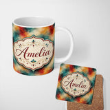 Personalized Custom Name Abstract Watercolour Burst in Teal Orange and Red Seamless Pattern 11oz Ceramic Coffee Tea Mug White Large Handle