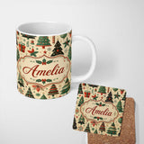 Personalized Custom Name Modern Christmas Trees Gifts Stars Ornaments Festive Seamless Lovely 11oz Ceramic Coffee Tea Mug White Large Handle