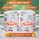 Personalized Custom Name Cute Cherry Fruit Pastel Blue Background Sweet Seamless Pattern 11oz Ceramic Coffee Tea Mug White Large Handle