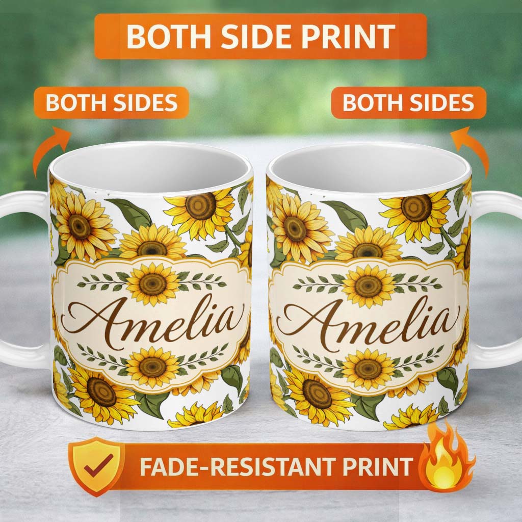 Personalized Custom Name Bright Yellow Sunflower Floral Seamless Pattern Clean White 11oz Ceramic Coffee Tea Mug White Large Handle