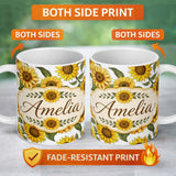 Personalized Custom Name Bright Yellow Sunflower Floral Seamless Pattern Clean White 11oz Ceramic Coffee Tea Mug White Large Handle