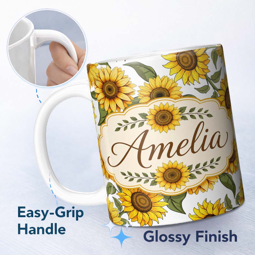 Personalized Custom Name Bright Yellow Sunflower Floral Seamless Pattern Clean White 11oz Ceramic Coffee Tea Mug White Large Handle