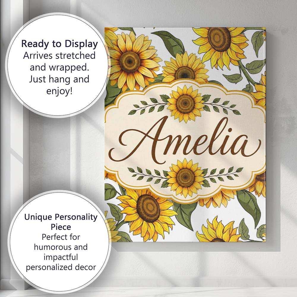 Personalised Name Bright Yellow Sunflower Custom  Unique Gift Idea Elegant Feature Canvas Wall Art Print Decor Picture Ready to Hang