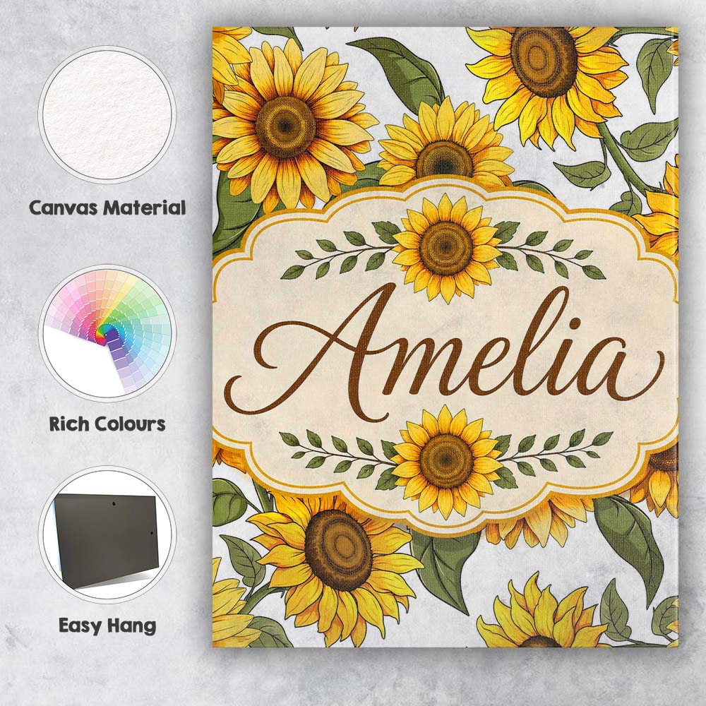 Personalised Name Bright Yellow Sunflower Custom  Unique Gift Idea Elegant Feature Canvas Wall Art Print Decor Picture Ready to Hang