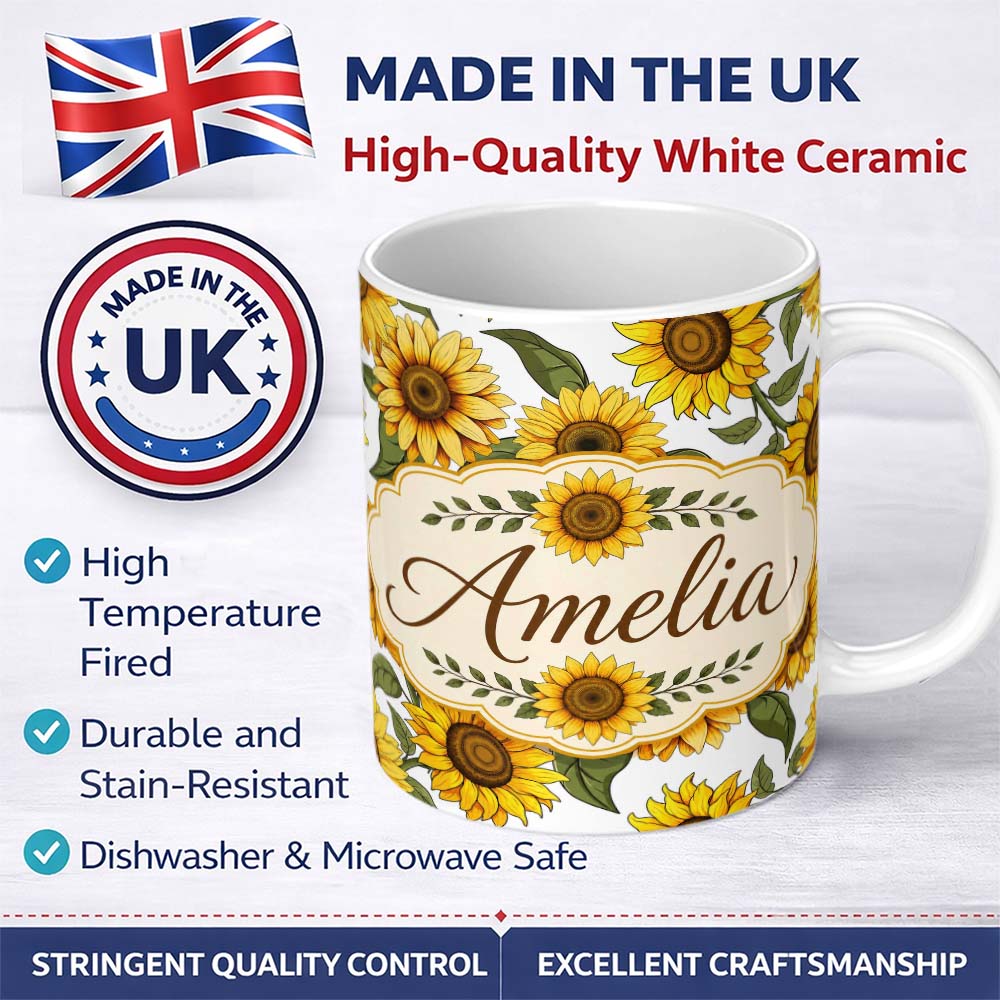 Personalized Custom Name Bright Yellow Sunflower Floral Seamless Pattern Clean White 11oz Ceramic Coffee Tea Mug White Large Handle