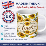 Personalized Custom Name Bright Yellow Sunflower Floral Seamless Pattern Clean White 11oz Ceramic Coffee Tea Mug White Large Handle