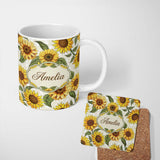 Personalized Custom Name Bright Yellow Sunflower Floral Seamless Pattern Neutral Beige 11oz Ceramic Coffee Tea Mug White Large Handle
