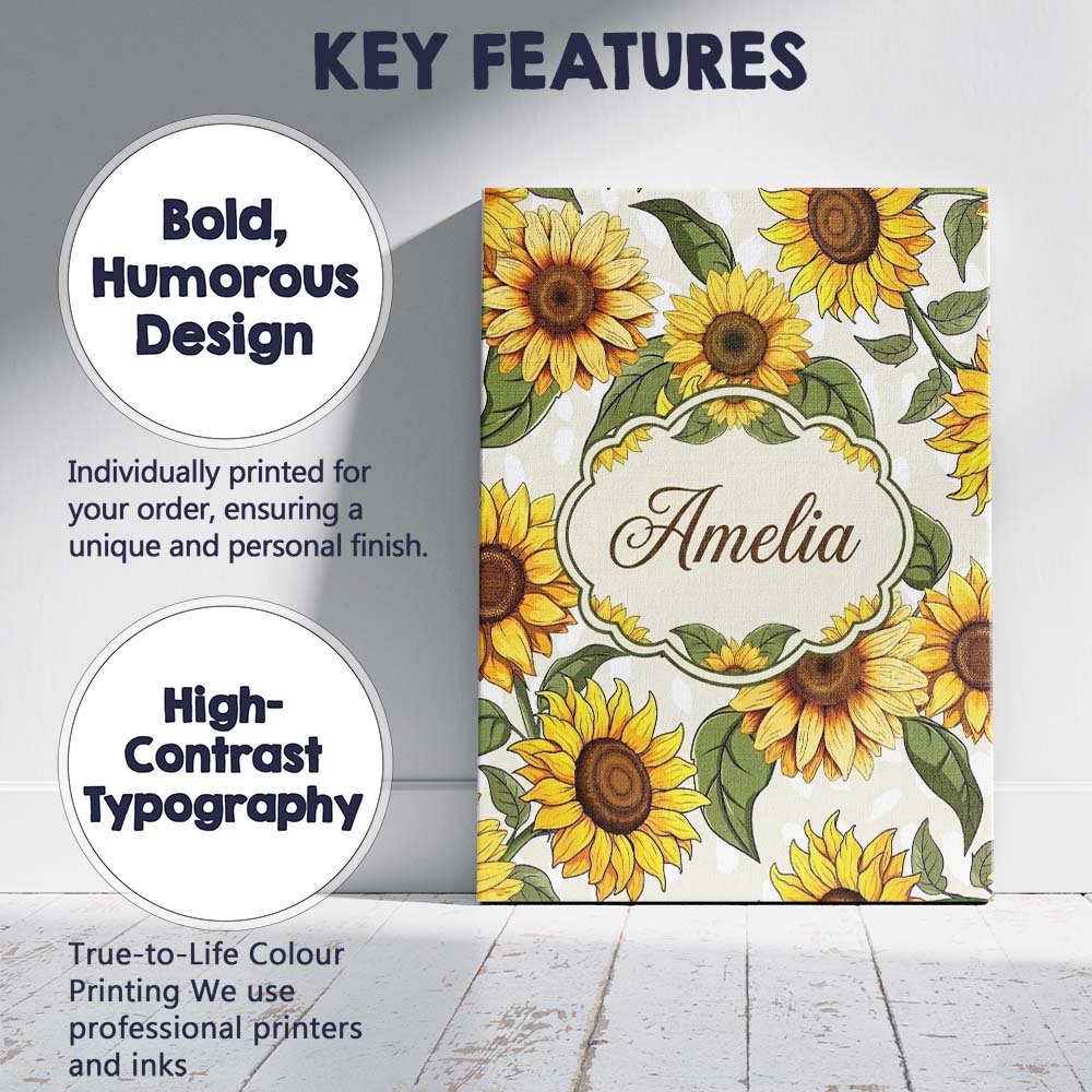 Personalised Name Bright Yellow Sunflower Custom  Unique Gift Idea Elegant Feature Canvas Wall Art Print Decor Picture Ready to Hang