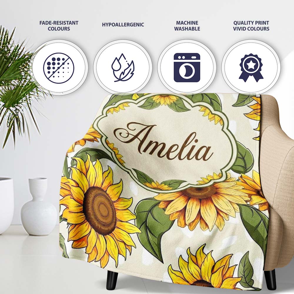 Bright Yellow Sunflower Floral Seamless Pattern Neutral Beige  Personalised Custom Name Super Soft Fleece Blanket Bed Sofa Throw