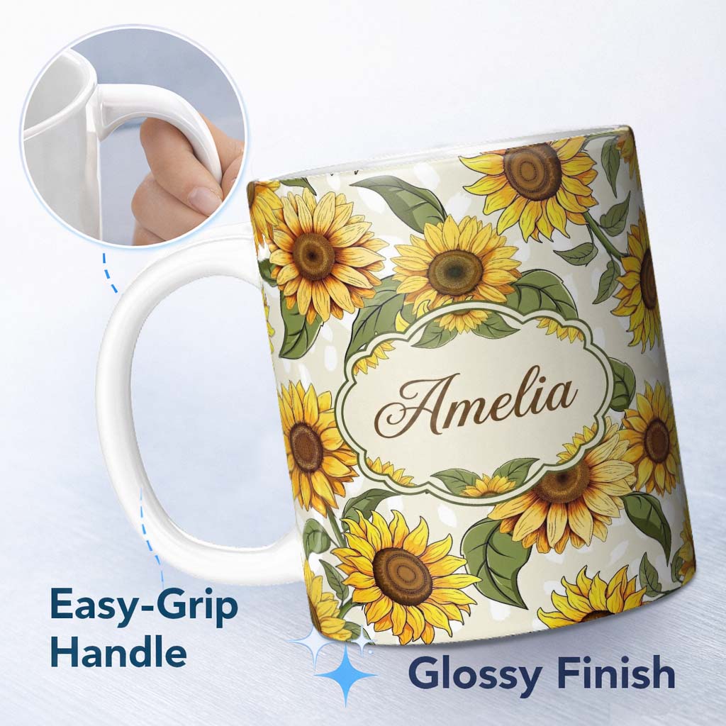 Personalized Custom Name Bright Yellow Sunflower Floral Seamless Pattern Neutral Beige 11oz Ceramic Coffee Tea Mug White Large Handle