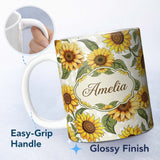 Personalized Custom Name Bright Yellow Sunflower Floral Seamless Pattern Neutral Beige 11oz Ceramic Coffee Tea Mug White Large Handle
