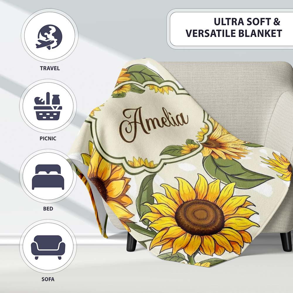 Bright Yellow Sunflower Floral Seamless Pattern Neutral Beige  Personalised Custom Name Super Soft Fleece Blanket Bed Sofa Throw