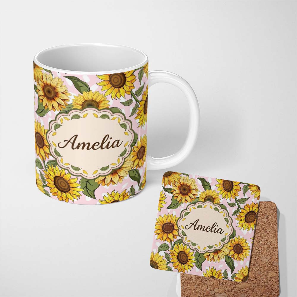 Personalized Custom Name Bright Yellow Sunflower Floral Seamless Pattern Blush Dot 11oz Ceramic Coffee Tea Mug White Large Handle
